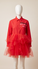 Red Button-Up Tulle Dress - Closet