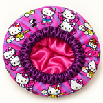 Digital product mockup: Hello Kitty satin-lined bonnet with deep purple gathered band and bright pink lining.