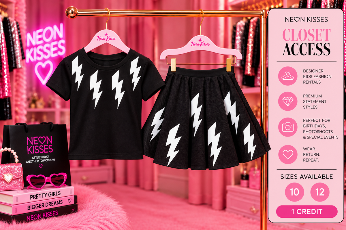 Illustrative Charged Up Cutie Black and White Bolt Closet set on two hangers