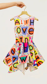 Diva Toy Pinwheel Dress in multicolor letter print, size 6 girls