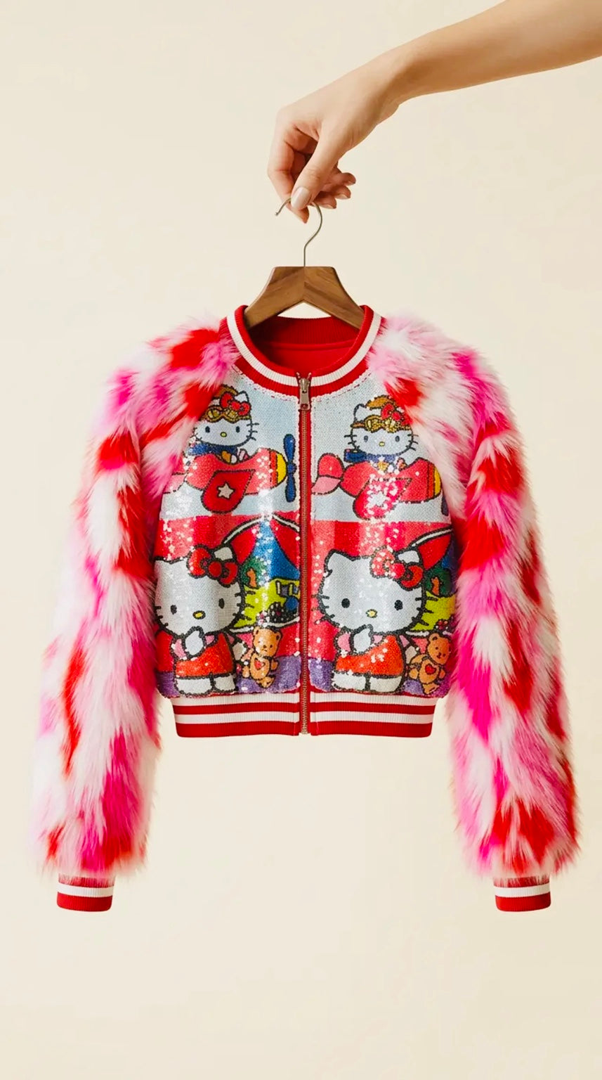 Kitty Sequin and Faux Fur Jacket with red, pink and white plush sleeves