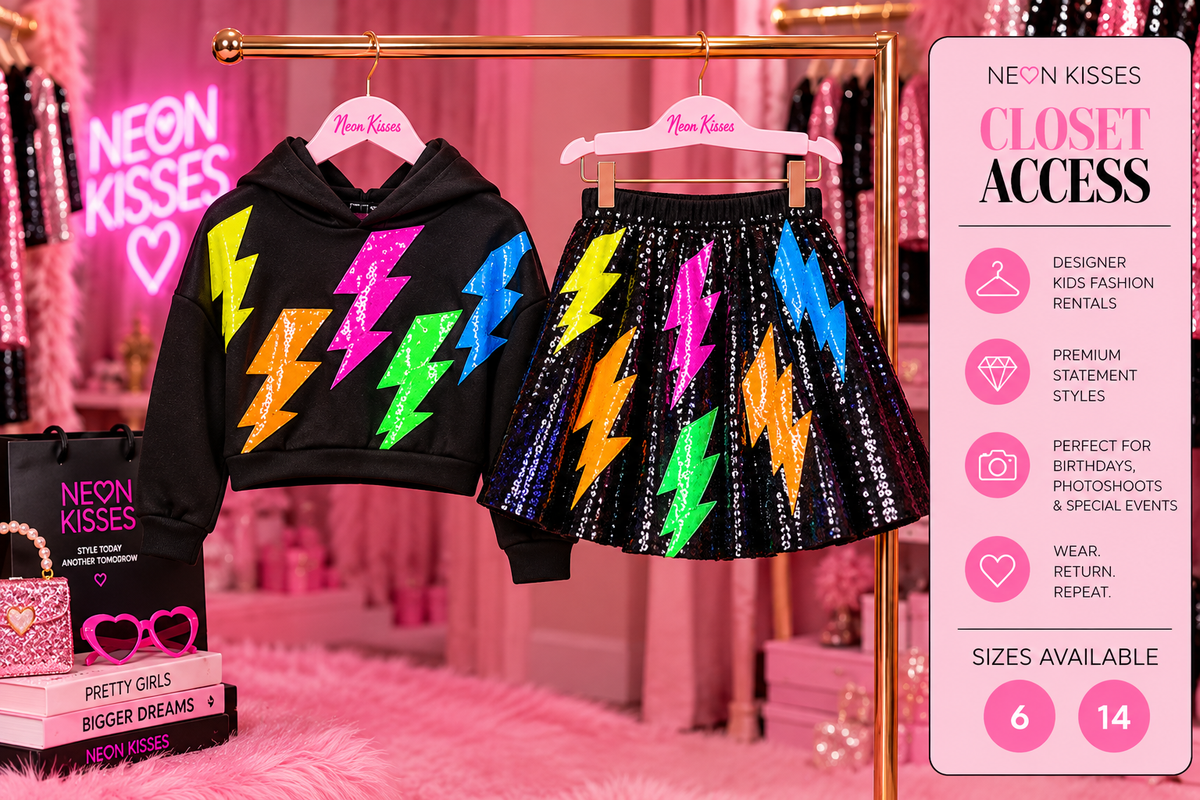 Neon Kisses Lightening Bolt hoodie and sequin skirt displayed on separate hangers; sizes 6 and 14