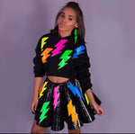 Original Neon Kisses Lightening Bolt Sequin Hoodie and Skirt Set model photo