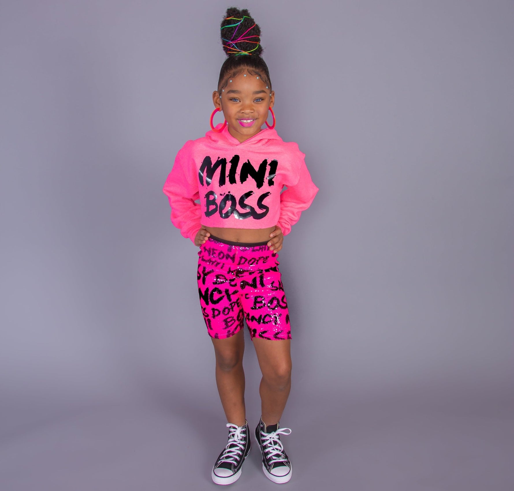 Mini Boss Neon Pink Allover Sequin Short Set w/ Hoodie - neonkissesinc.com