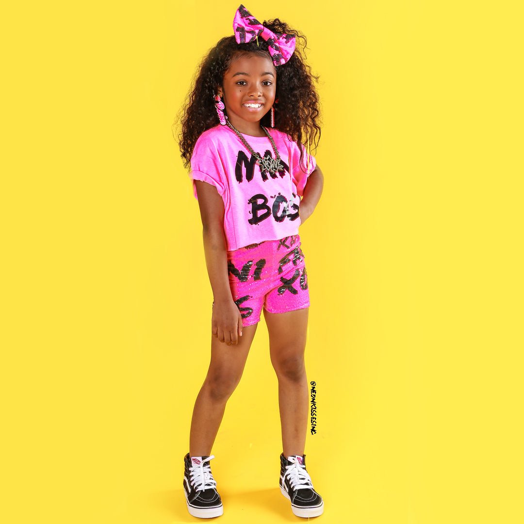 Mini Boss Neon Pink Sequin Short Set w/ matching bow - neonkissesinc.com