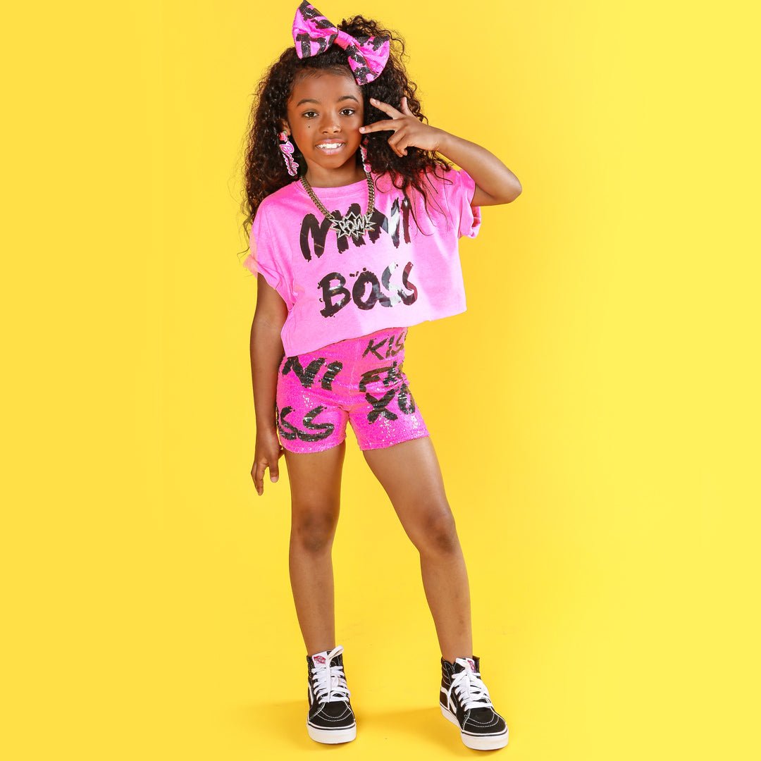 Mini Boss Neon Pink Sequin Short Set w/ matching bow - neonkissesinc.com