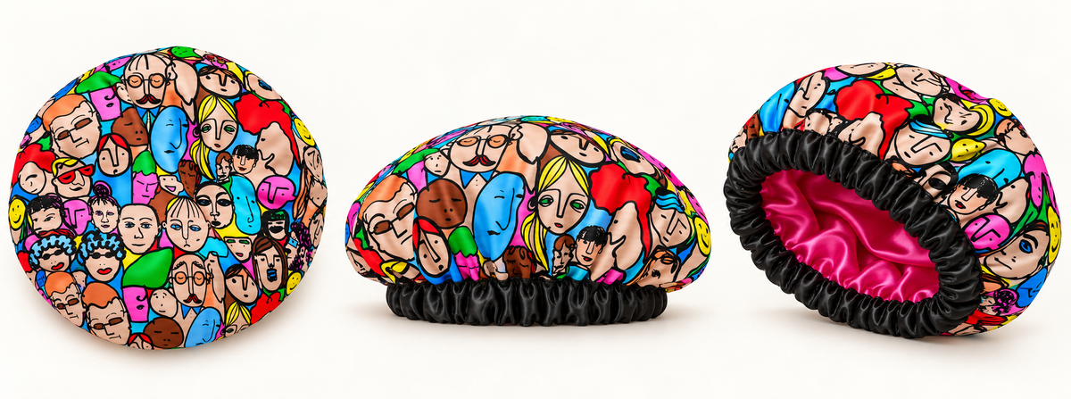 Digital product mockup: Art Class satin-lined bonnet shown from outside, side and interior angles.