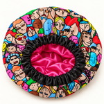 Digital product mockup: Art Class satin-lined bonnet with black gathered band and fuchsia lining.