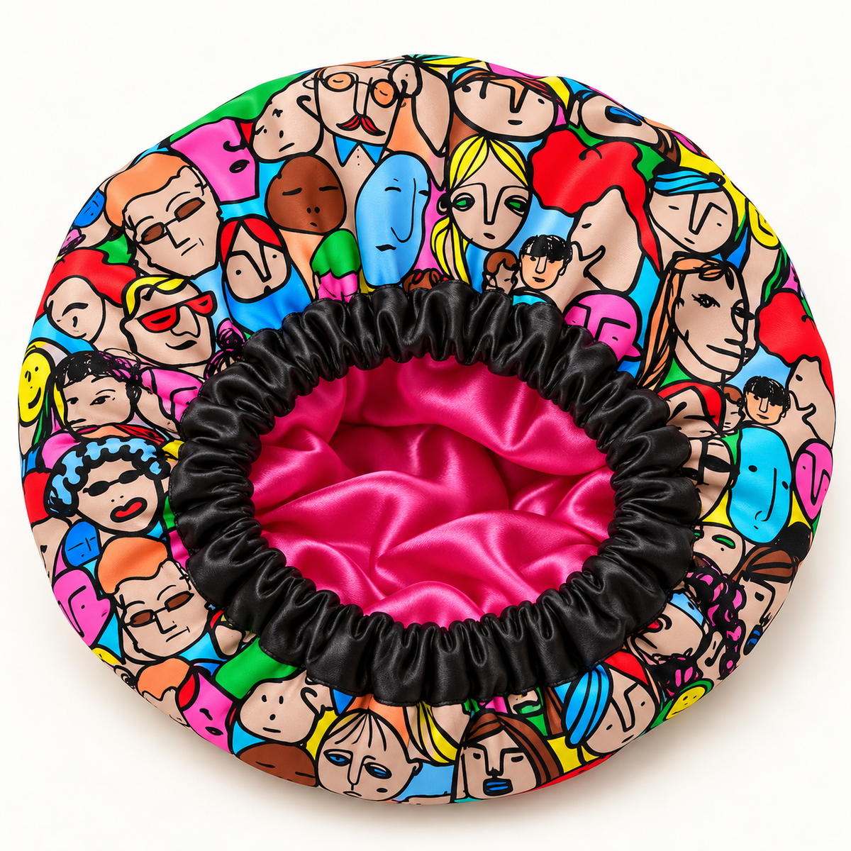 Digital product mockup: Art Class satin-lined bonnet with black gathered band and fuchsia lining.