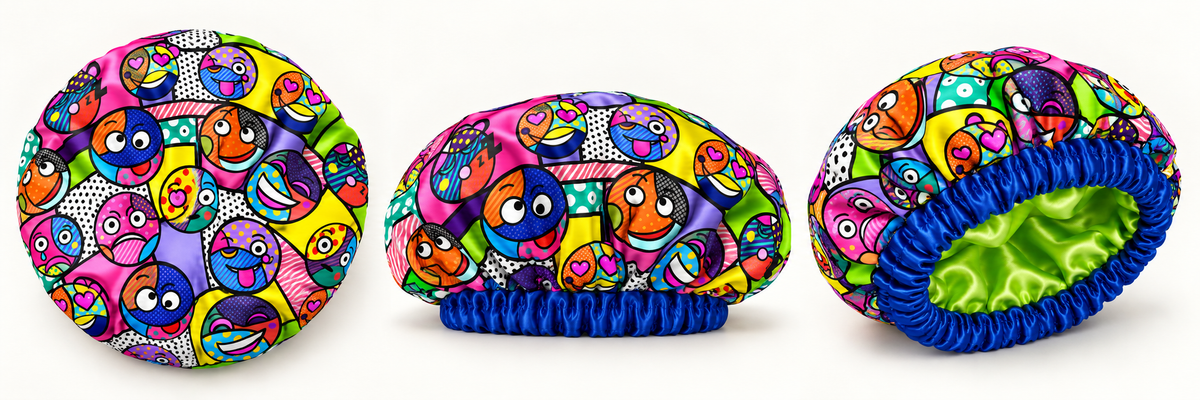 Digital product mockup: Emoji Pop satin-lined bonnet shown from outside, side and interior angles.