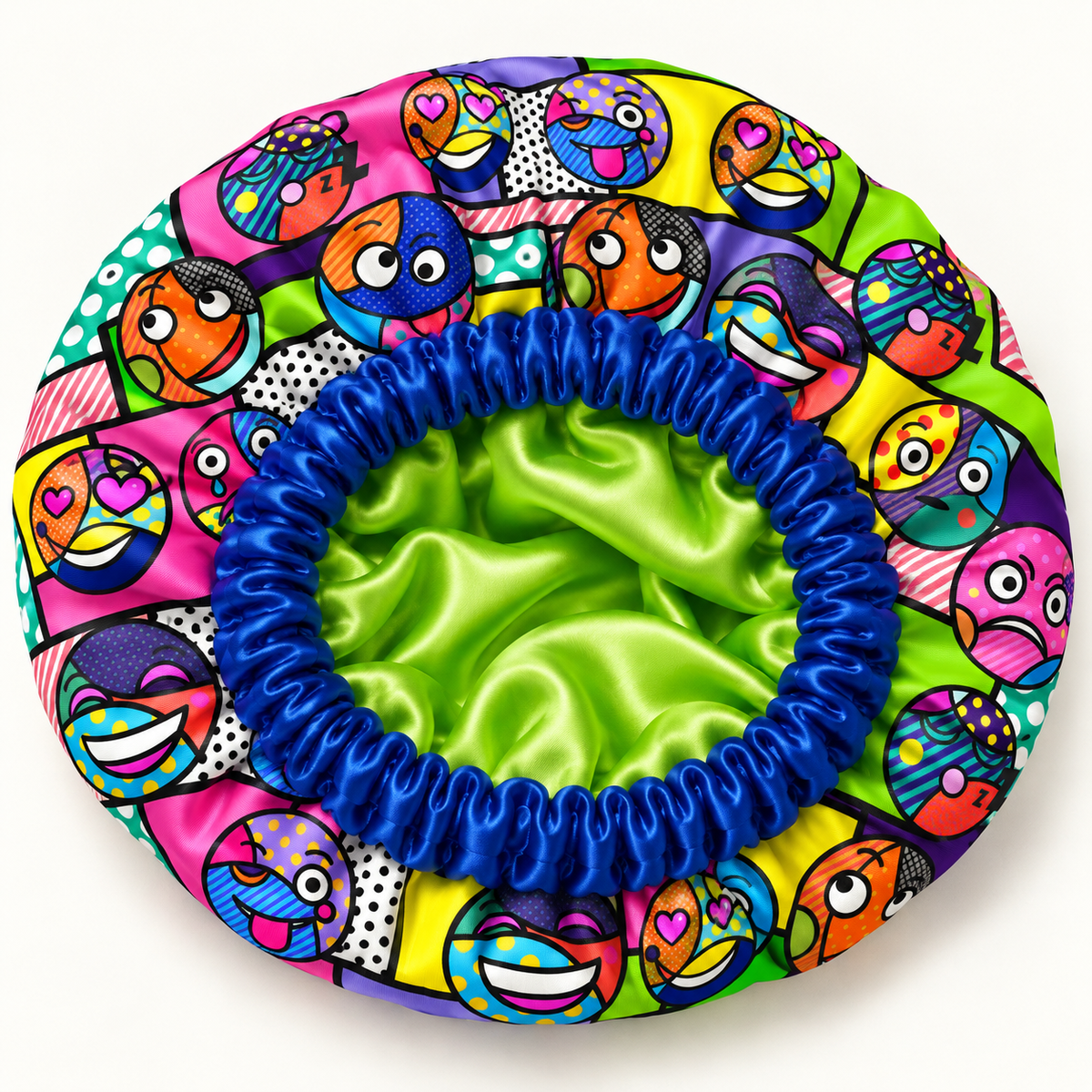 Digital product mockup: Emoji Pop satin-lined bonnet with royal blue gathered band and lime green lining.