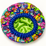 Digital product mockup: Emoji Pop satin-lined bonnet with royal blue gathered band and lime green lining.
