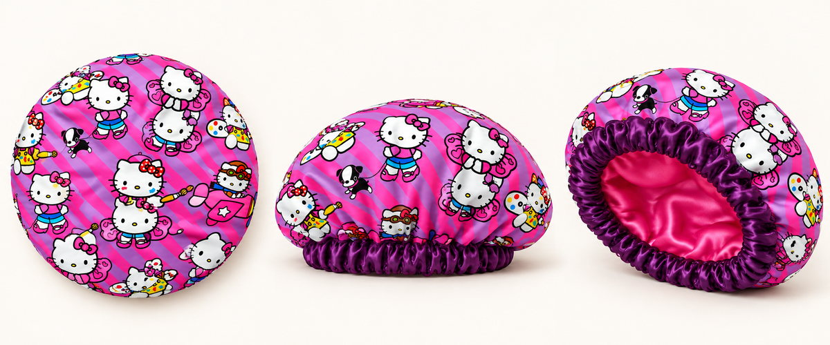 Digital product mockup: Hello Kitty satin-lined bonnet shown from outside, side and interior angles.