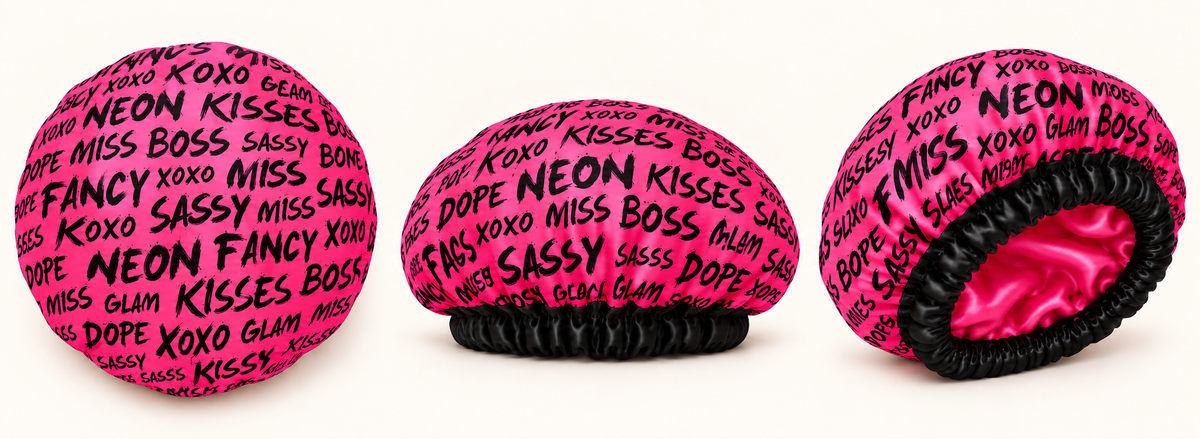 Digital product mockup: Mini Boss satin-lined bonnet shown from outside, side and interior angles.