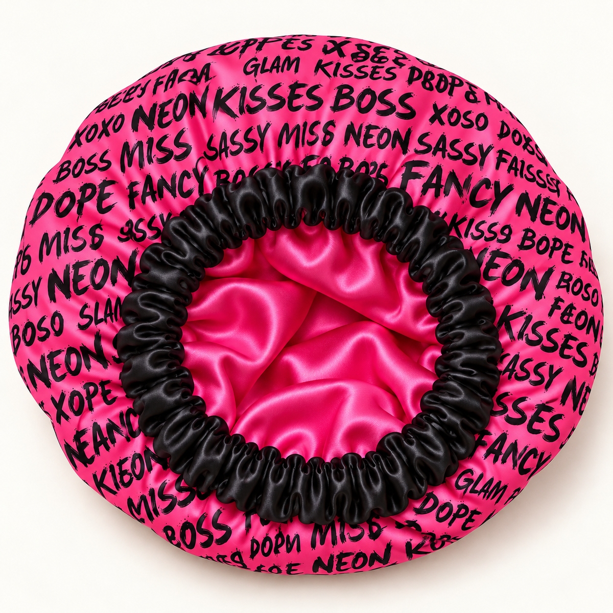 Digital product mockup: Mini Boss satin-lined bonnet with black gathered band and hot pink lining.