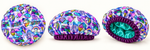 Digital product mockup: Unicorn Galaxy satin-lined bonnet shown from outside, side and interior angles.