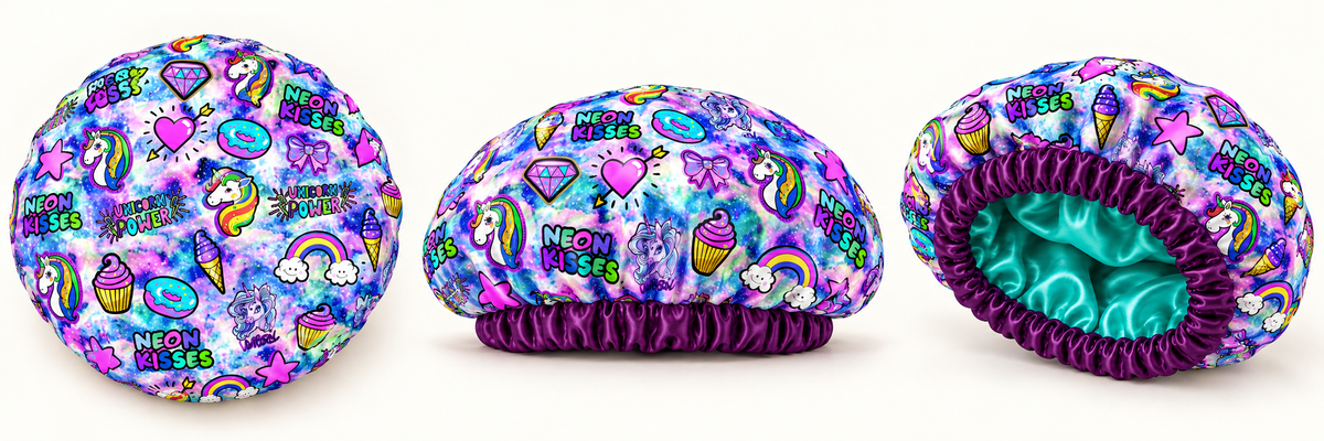 Digital product mockup: Unicorn Galaxy satin-lined bonnet shown from outside, side and interior angles.