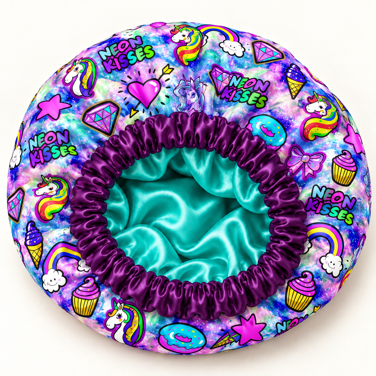 Digital product mockup: Unicorn Galaxy satin-lined bonnet with deep purple gathered band and turquoise lining.