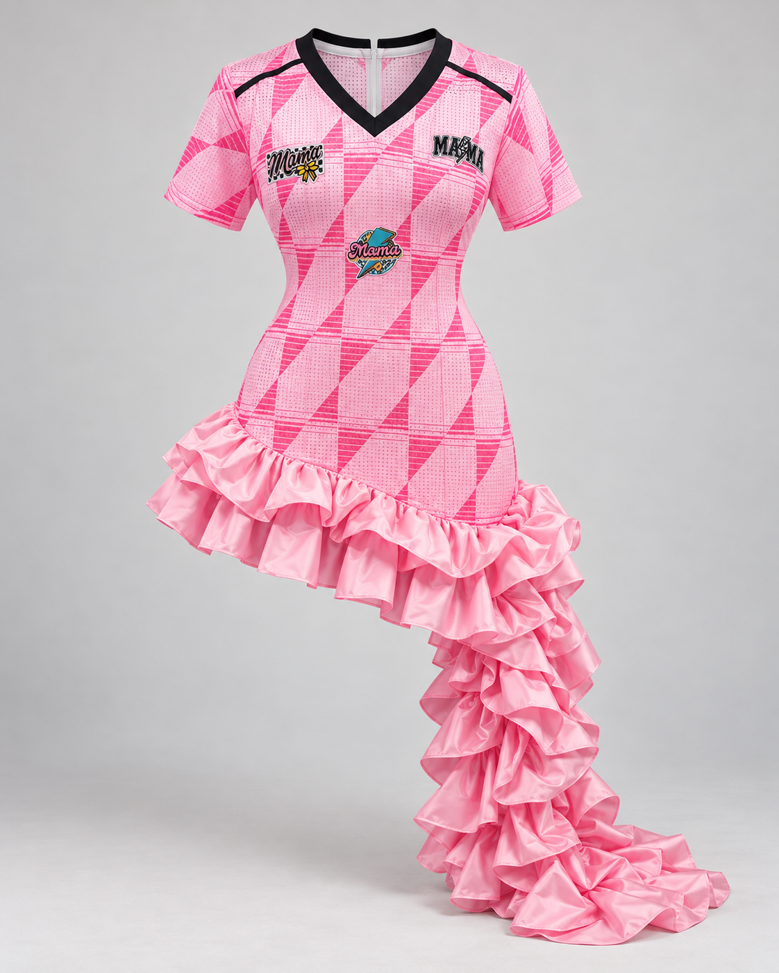 Front view of Pink Encore Mama dress with black V-neck, Mama patches and cascading pink ruffles.