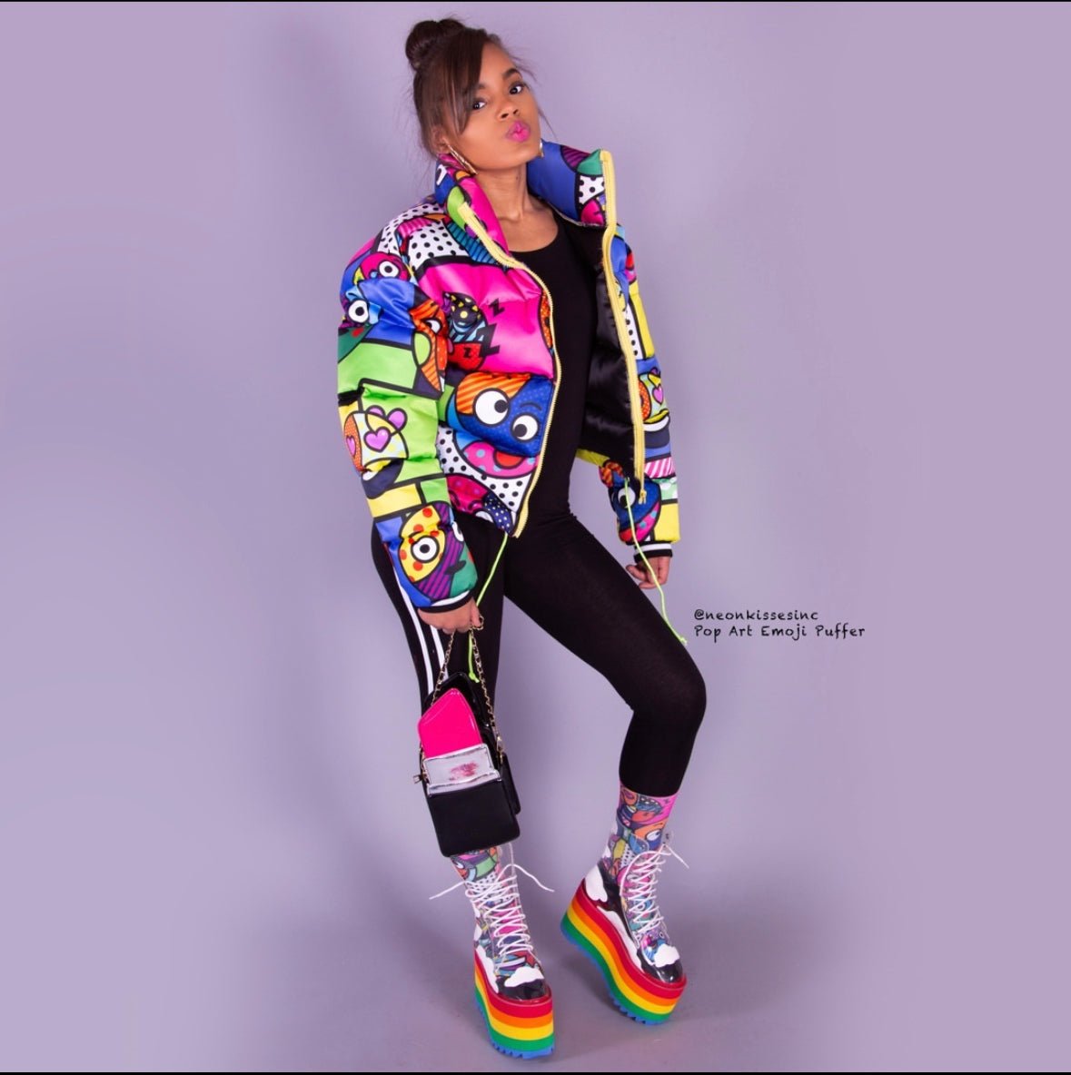 Pop Art Emoji Puffer Coat - neonkissesinc.com