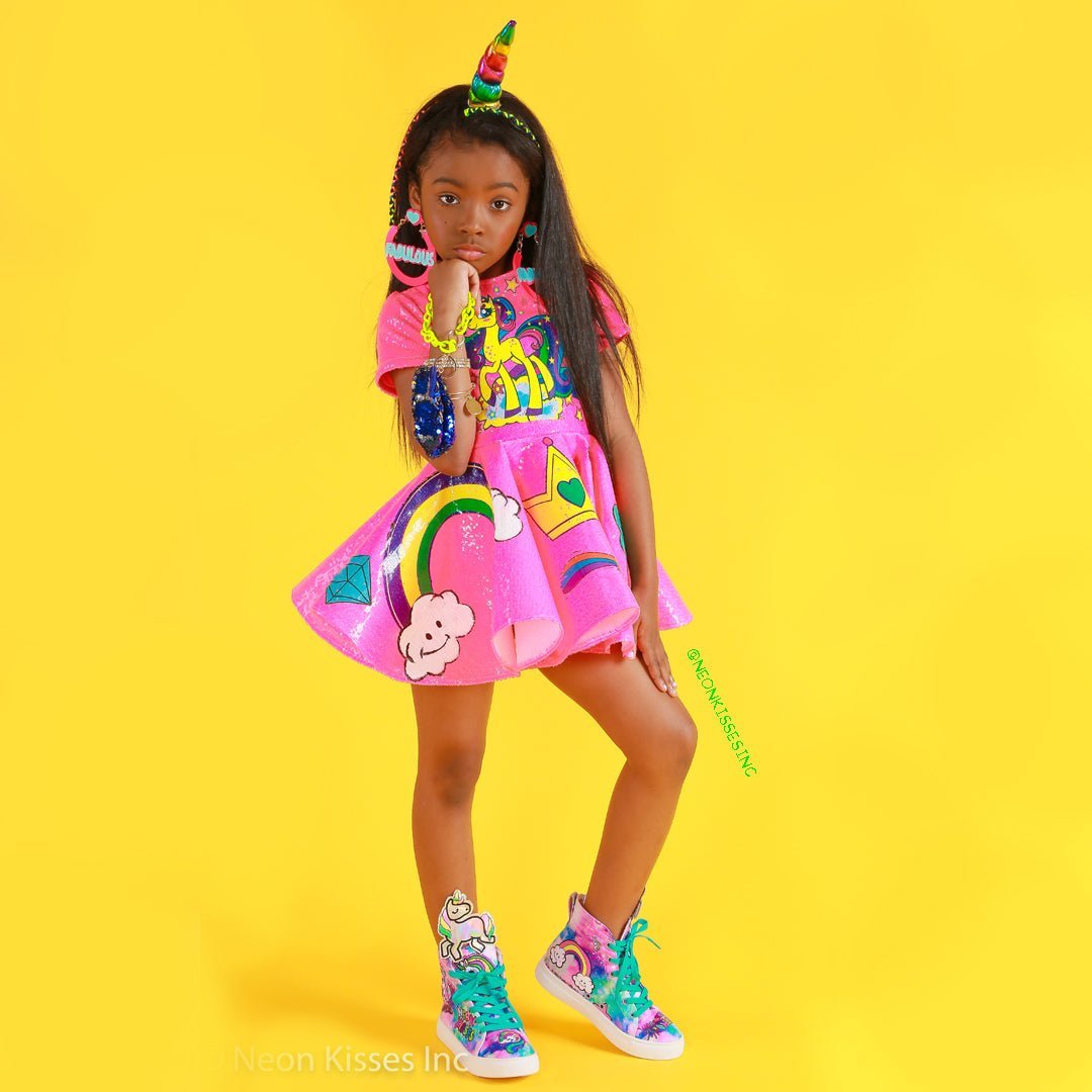 Unicorn Sequin Baby Doll Dress-Dresses-neonkissesinc.com