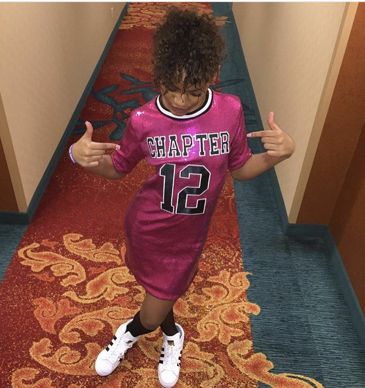 Sequin Dress with Custom Varsity letters. Chapter 12. Custom Pink Sequin Jersey. Hot Pink Sequin Jersey with Black Chapter 12 letters.